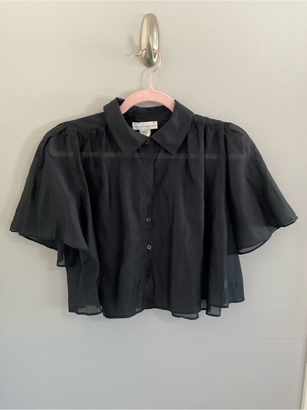 House of Harlow 1960 Black Sheer Flutter Button-Up Blouse
